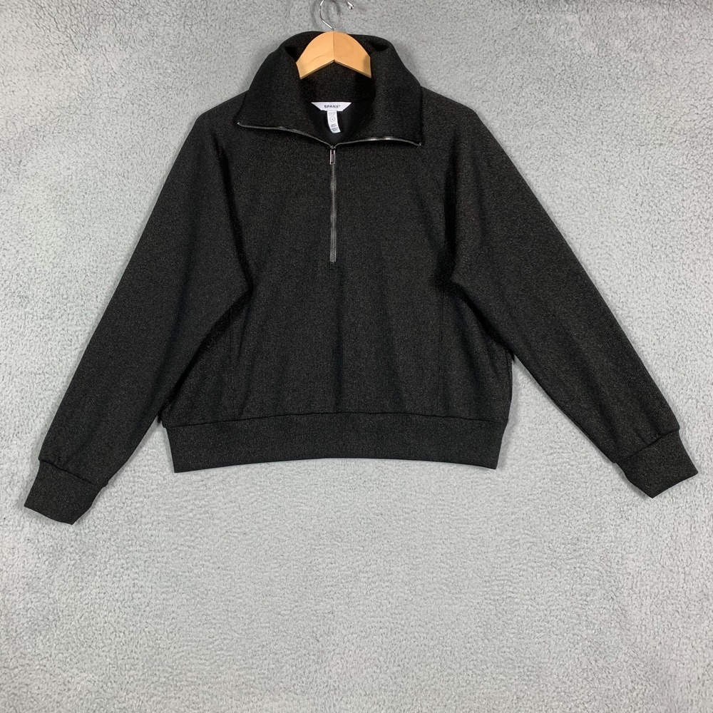 Spanx AirEssentials Sweatshirt Women's Large Very Black/Gunmetal Shimmer 1/2-Zip